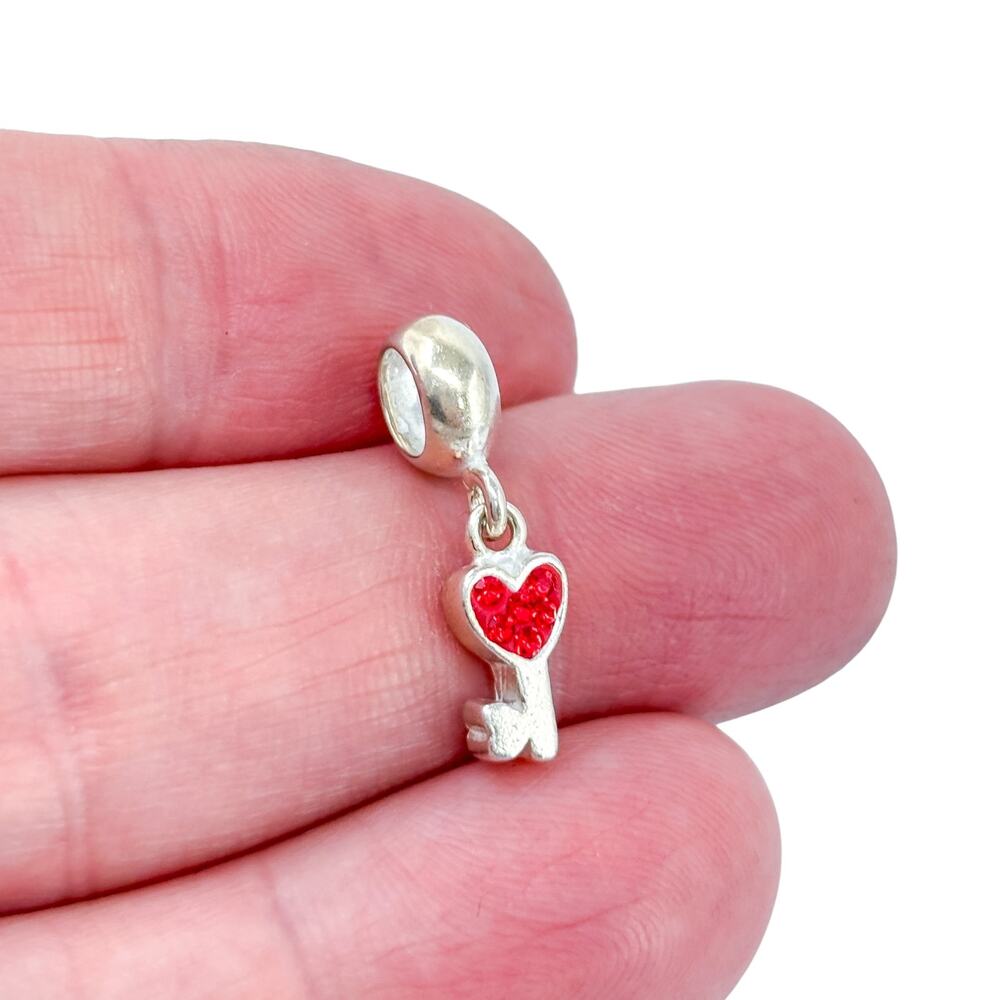 Vintage Sterling Silver 925 Red Crystal Heart Key Dangle Charm